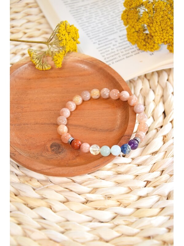 Bracelet 7 chakras pierre de soleil perles lithothérapie